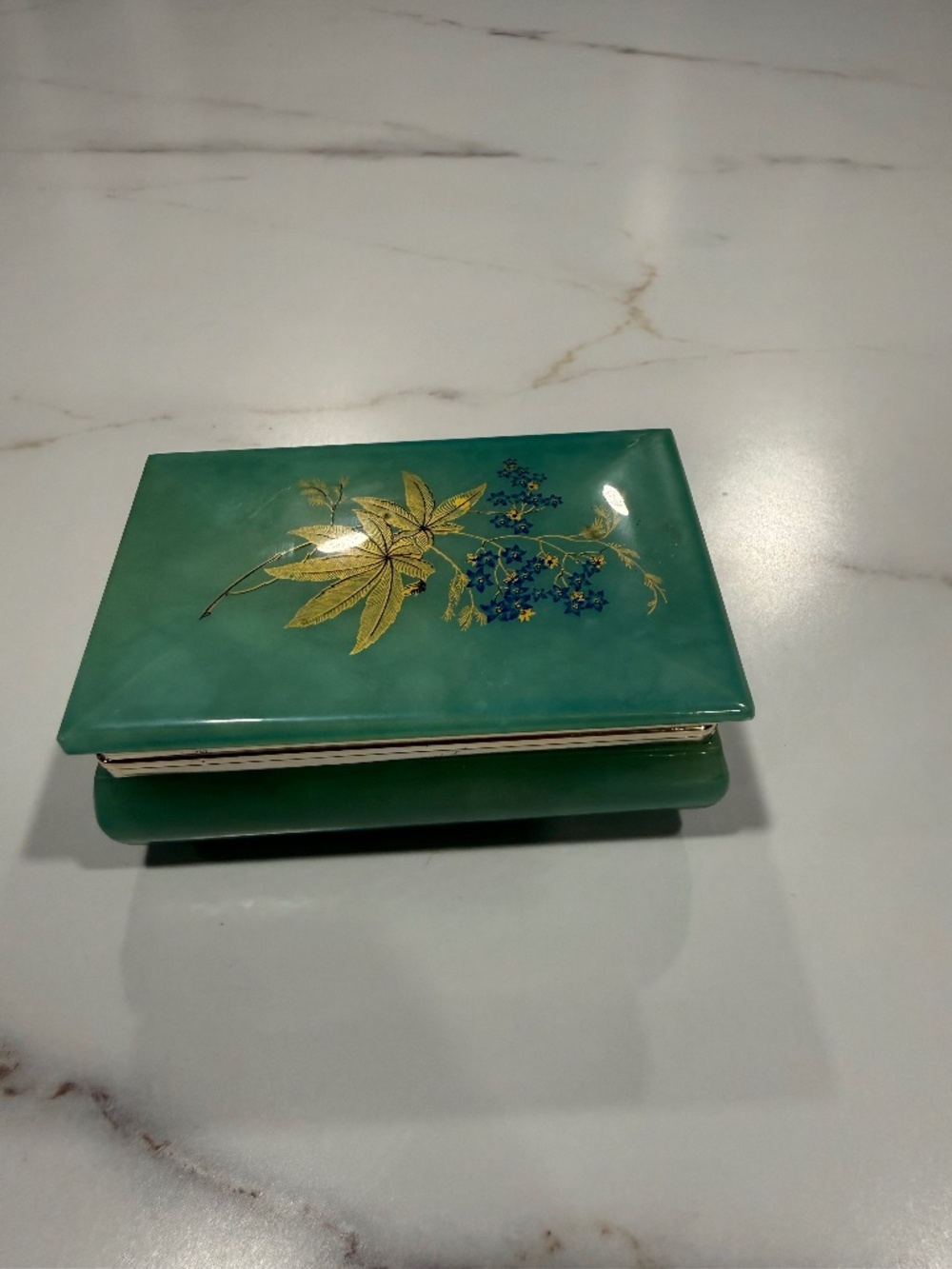 Vintage genuine alabaster jewelry/trinket box floral design made in Italy
